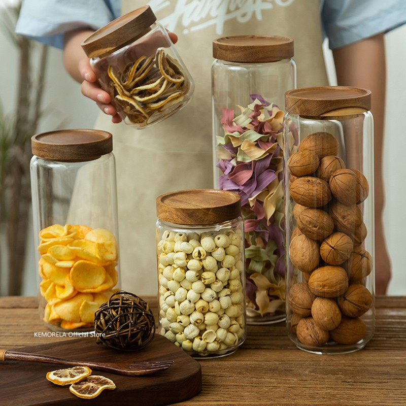 Coffee Tea Canister Set - غطاء خشبي زجاجي محكم علبة المطبخ